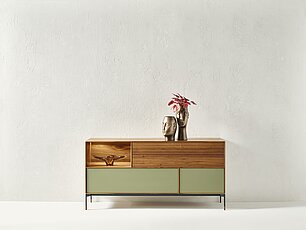 Sideboard Modell Lina in Astnuss geölt, kombiniert mit Salbeifronten und Glas