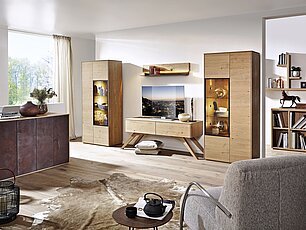 Modernes Wohnzimmer mit geteilter Wohnwand