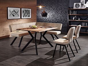Moderne Essgruppe mit Metallgestell und Polsterung