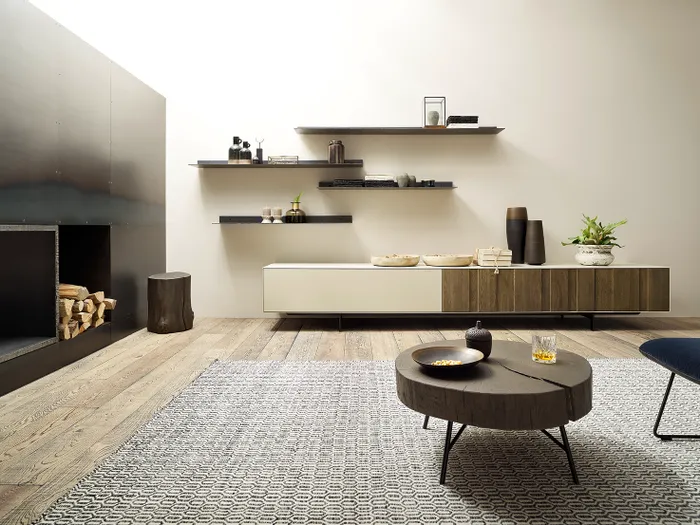 Modernes Wohnzimmer mit Holzdekor, Wandregalen und runder Couchtisch auf gemustertem Teppich