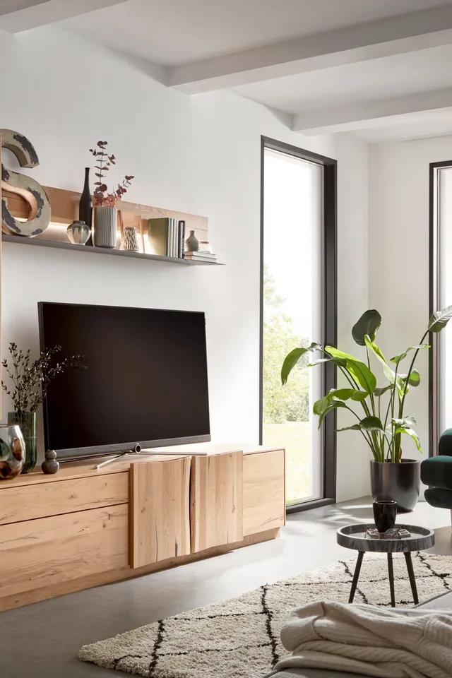 Modernes Wohnzimmer mit Holzmöbeln, schwarzem Fernseher und großen Fenstern mit Blick ins Grüne
