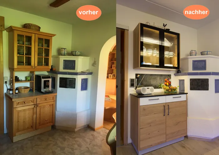 Küchenrenovierung vorher-nachher mit modernisierten Schränken und verbesserter Beleuchtung