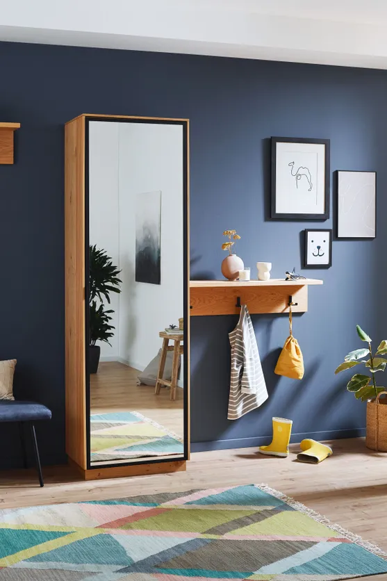 Modern eingerichteter Flur mit dunkler Wand, Spiegel, Garderobe und buntem Teppich auf Holzfußboden