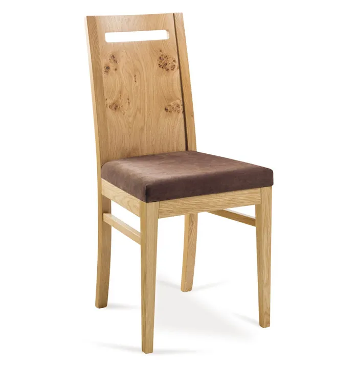 Esszimmerstuhl aus Eiche mit braun gepolsterter Sitzfläche und modernem Rückendesign