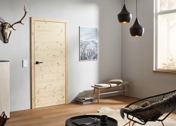 Modernes Wohnzimmer mit Holztür, Kamin, Designerstuhl und natürlicher Beleuchtung