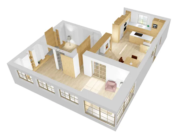 3D-Grundriss einer modernen Wohnung mit offener Küche, Schlafzimmer und Holzmöbeln