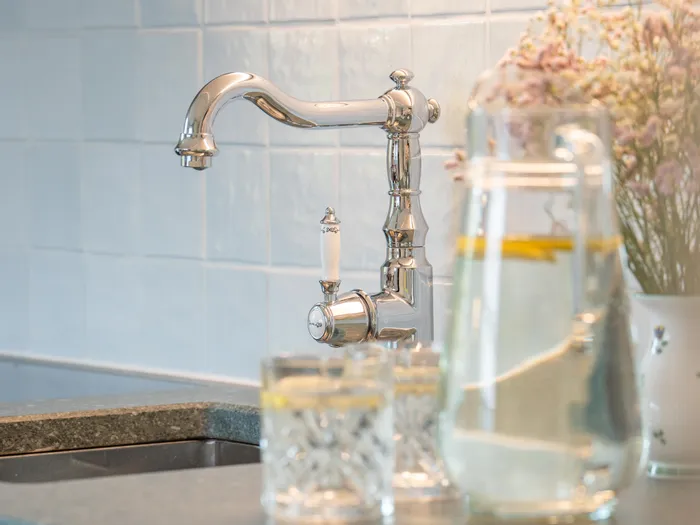 Moderne Küchenarmatur aus Chrom neben Glaskaraffe mit Zitronenwasser und Blumenvasen