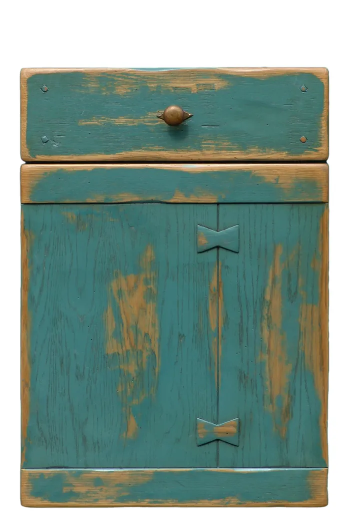 Rustikaler türkisfarbener Holzschrank mit Schublade und sichtbarer Maserung