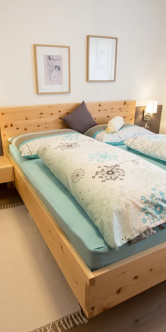 Modernes Schlafzimmer mit Doppelbett aus hellem Holz und gemusterten Bettdecken