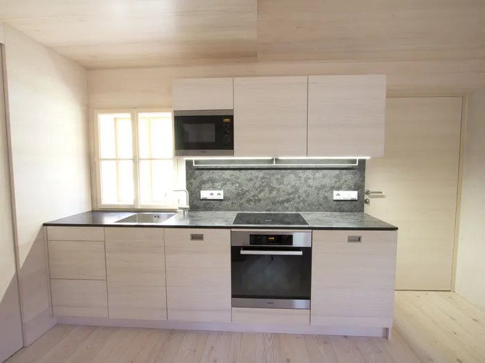 Moderne Einbauküche mit hellen Holzfronten, integriertem Backofen und Induktionskochfeld