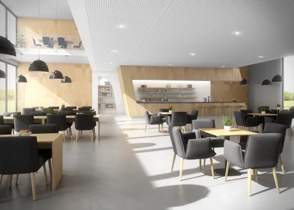 Modernes Café mit Holzmöbeln, schwarzen Polsterstühlen und offener Kaffeebar bei Tageslicht