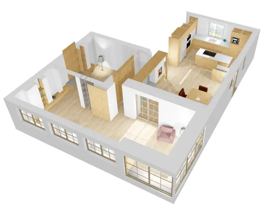 3D-Grundriss einer modernen Wohnung mit offener Küche, Schlafzimmer und Holzmöbeln