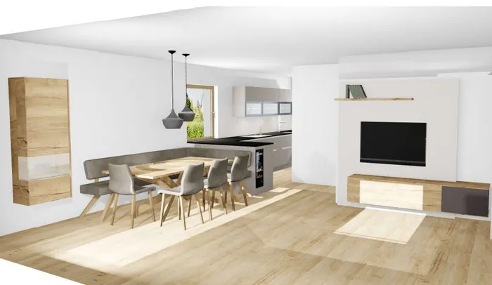 Moderne offene Wohnküche mit Essbereich, Holzboden und Wandregalen in heller Einrichtung