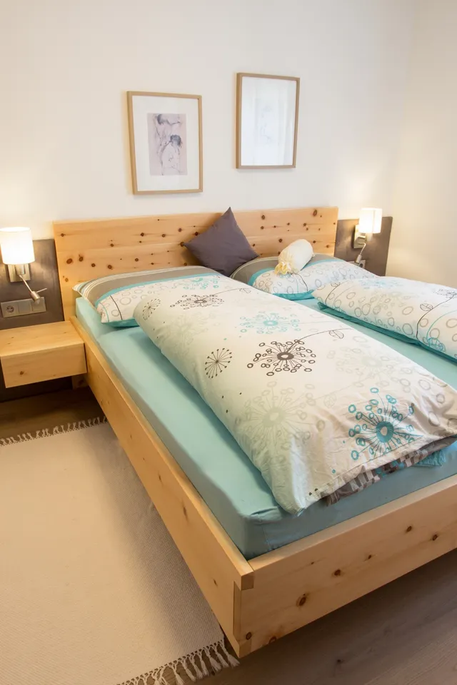 Modernes Schlafzimmer mit Doppelbett aus hellem Holz und gemusterten Bettdecken