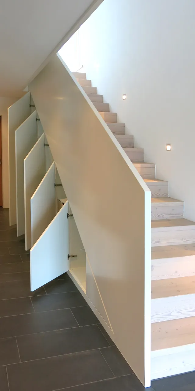 Moderne Holztreppe mit integrierten Staufächern unter jeder Stufe in einem minimalistischen Flur