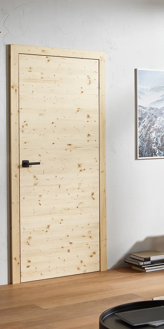 Modernes Wohnzimmer mit Holztür, Kamin, Designerstuhl und natürlicher Beleuchtung