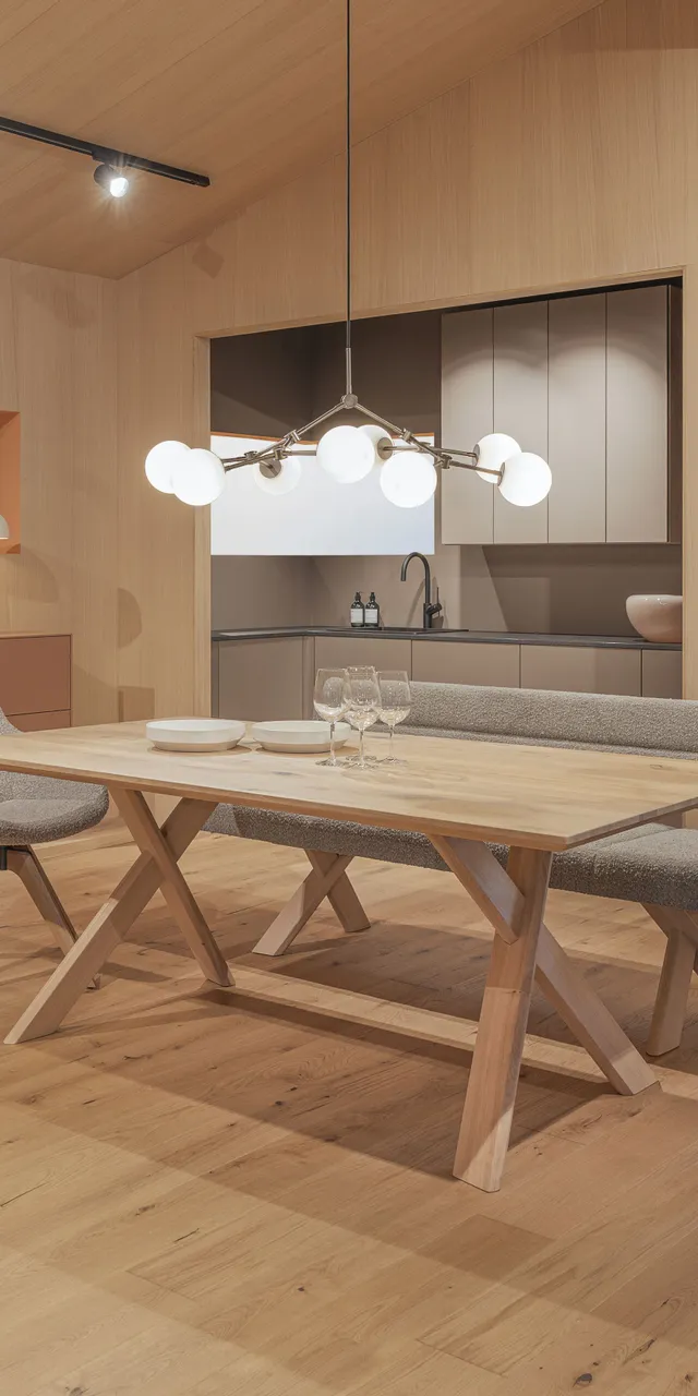 Modernes Esszimmer mit Holztisch, gepolsterten Stühlen und offener Küche im skandinavischen Stil