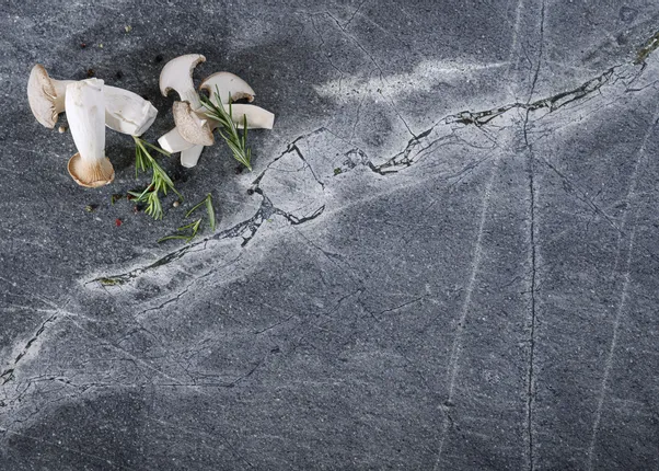Geschnittene Kräuterseitlinge mit Rosmarin und Pfefferkörnern auf dunkler Steinplatte