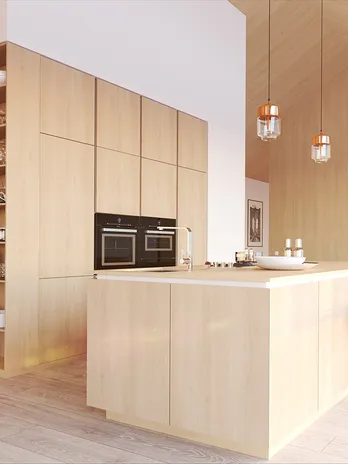 Moderne offene Küche mit Holzverkleidung, Kochinsel und großen Panoramafenstern bei Sonnenuntergang