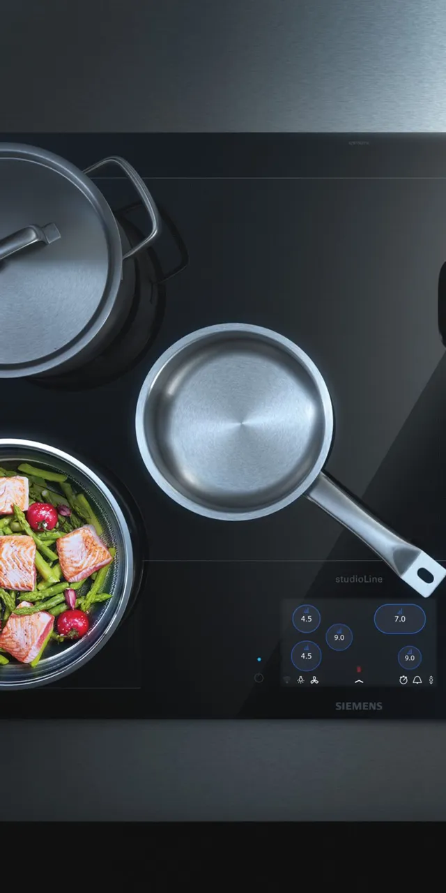 Moderne Siemens Induktionskochplatte mit mehreren Töpfen und Pfannen beim Kochen