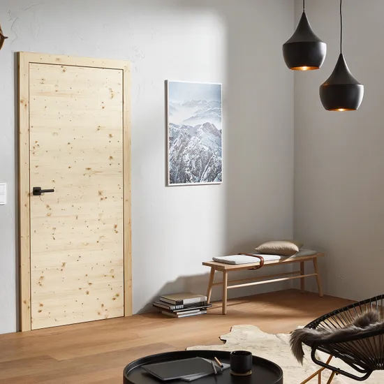 Modernes Wohnzimmer mit Holztür, Kamin, Designerstuhl und natürlicher Beleuchtung