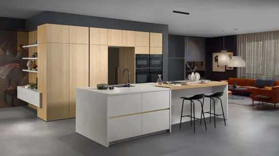 Moderne offene Wohnküche mit Holzfronten, Kochinsel und angrenzendem Wohnzimmer