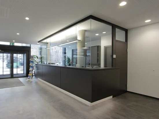 Moderne Empfangshalle mit schwarzem Tresen, Glaswänden und Prospektständern bei Tageslicht