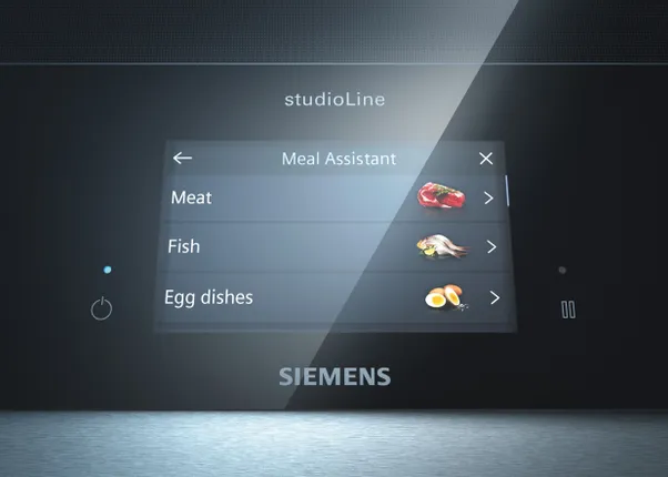 Siemens studioLine Ofen-Display mit Menüauswahl für Fleisch, Fisch und Eiergerichte