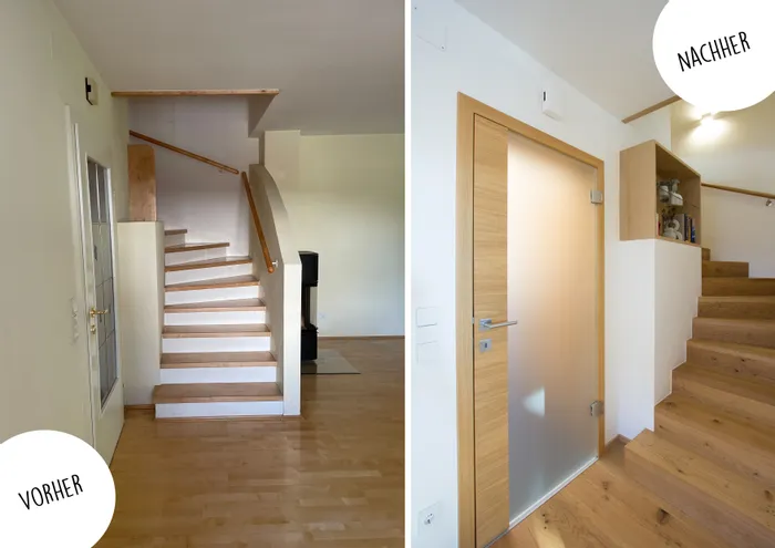 Vorher-Nachher-Vergleich einer renovierten Holztreppe mit modernem Design und Glastür