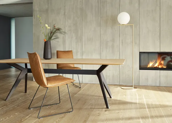 Modernes Esszimmer mit Holztisch, braunen Stühlen, Kamin und Stehlampe