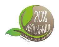 Logo mit grünem Blattdesign und Text 20% Naturanteil, CO2-Wert und Produktinformationen