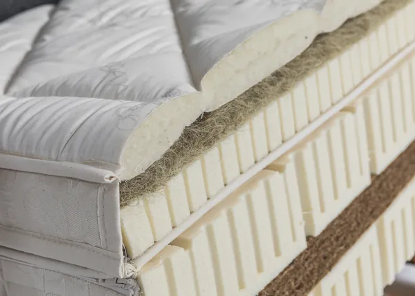 Querschnitt einer Naturlatexmatratze mit mehreren ökologischen Materialschichten