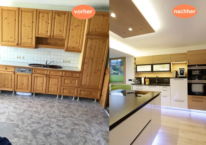 Küchenrenovierung mit Vorher-Nachher-Vergleich von rustikalem Holzdesign zu moderner Einbauküche