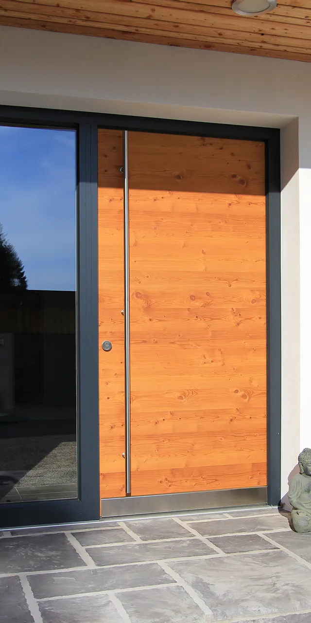 Moderne Hauseingangstür aus Holz mit Glasseite, Fliesenboden und Pflanzkübeln mit Buddhafiguren