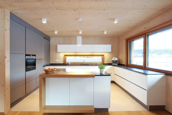 Moderne Einbauküche mit Holzverkleidung, Kochinsel, großen Fenstern und Einbaugeräten