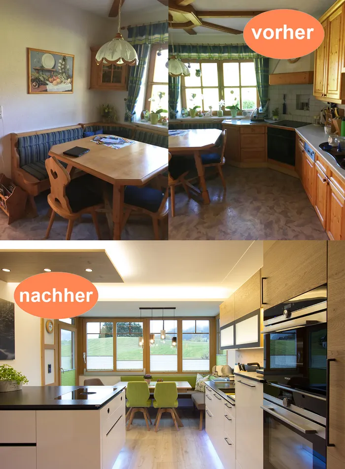 Küchenrenovierung vorher und nachher mit traditionellem Look oben und moderner Einrichtung unten