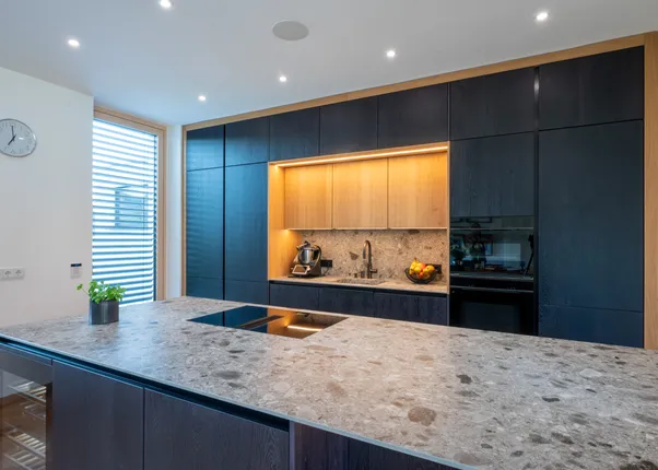 Moderne Einbauküche mit dunklen Fronten, Stein-Arbeitsplatte und Küchengeräten