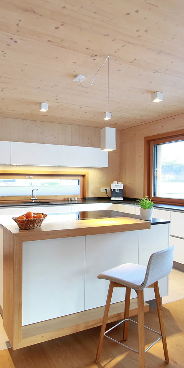 Moderne helle Küche mit Kochinsel, Holzverkleidung und großen Fenstern mit Ausblick