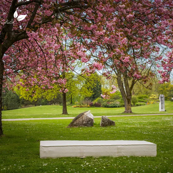 Naturlatexmatratze von Elky unter blühendem Kirschbaum im grünen Park