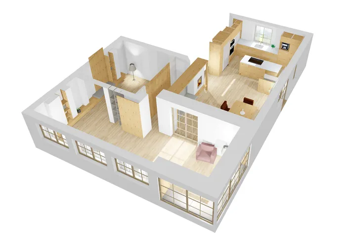 3D-Grundriss einer modernen Wohnung mit offener Küche, Schlafzimmer und Holzmöbeln