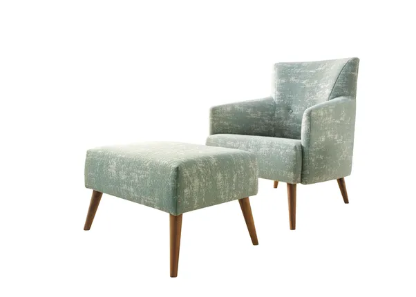 Sessel mit Retrodesign und passendem Fußhocker in hellem Türkis auf Holzbeinen