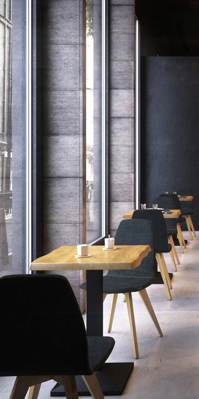 Modernes Café mit Holzmöbeln, Barbereich und schwarzen Hängelampen bei Tageslicht