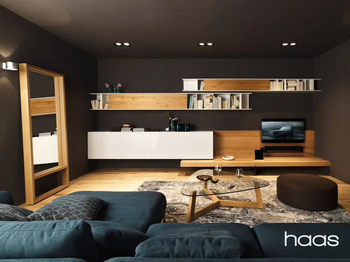 Modernes Wohnzimmer mit dunklen Wänden, Holzregalen und Glas-Couchtisch von Haas Möbel